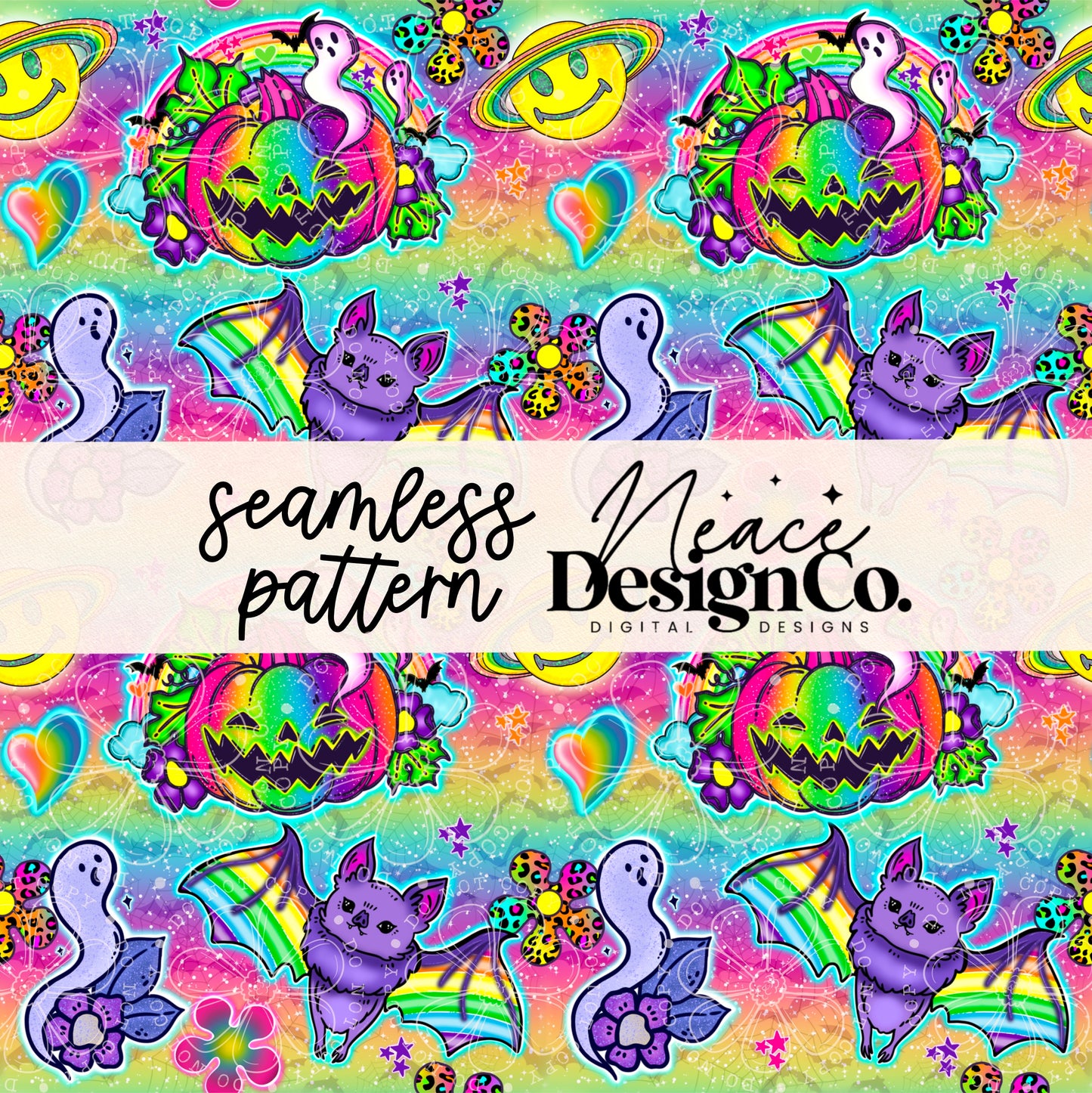 Rainbow LF Pumpkin Bat Seamless Digital PNG