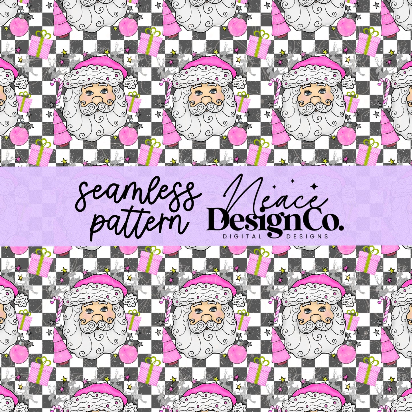 Tis the Season Pink Checkered Santa Seamless Digital PNG