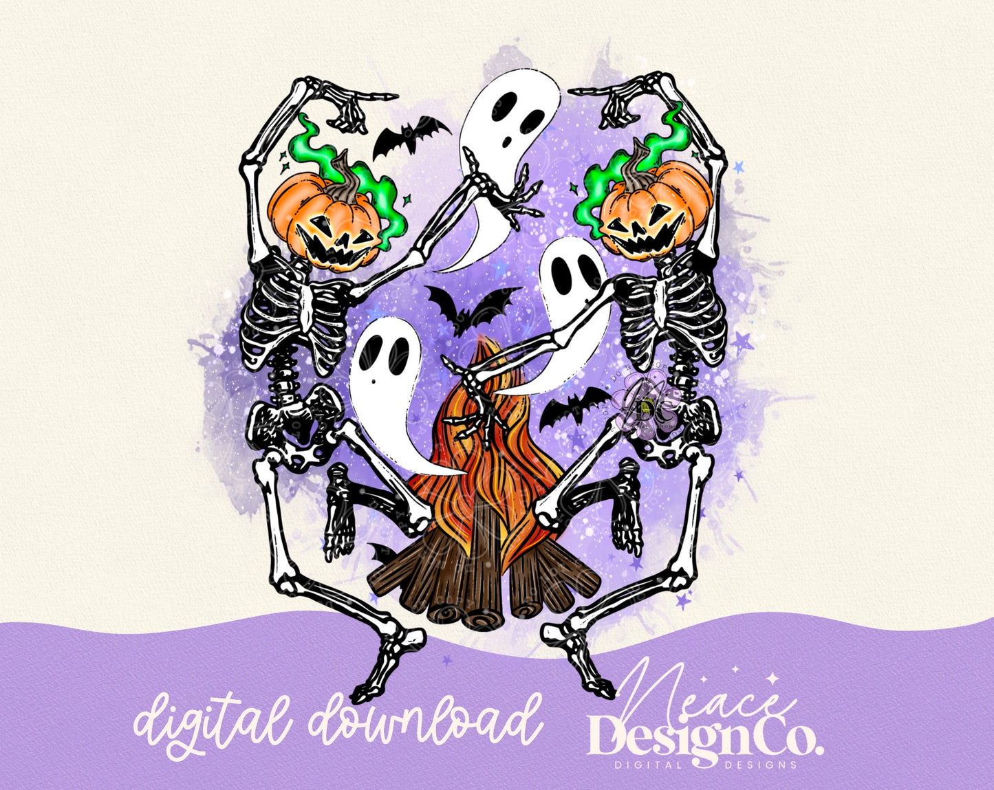 Pumpkin Head Dancing Skeletons Digital PNG