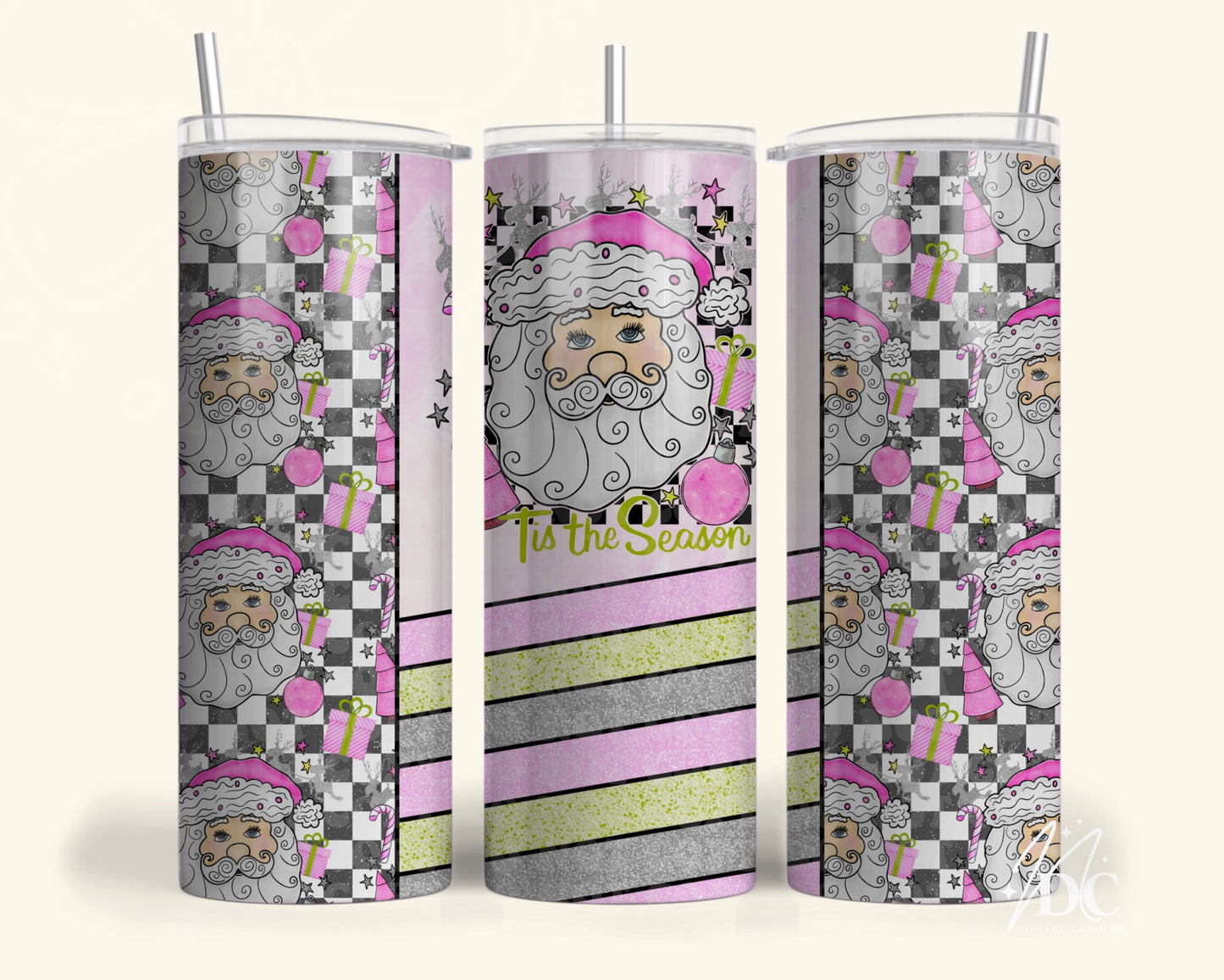 Tis the Season Pink Santa Checkered Tumbler Digital PNG