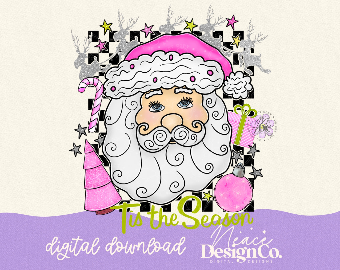 Tis the Season Pink Checkered Santa Digital PNG