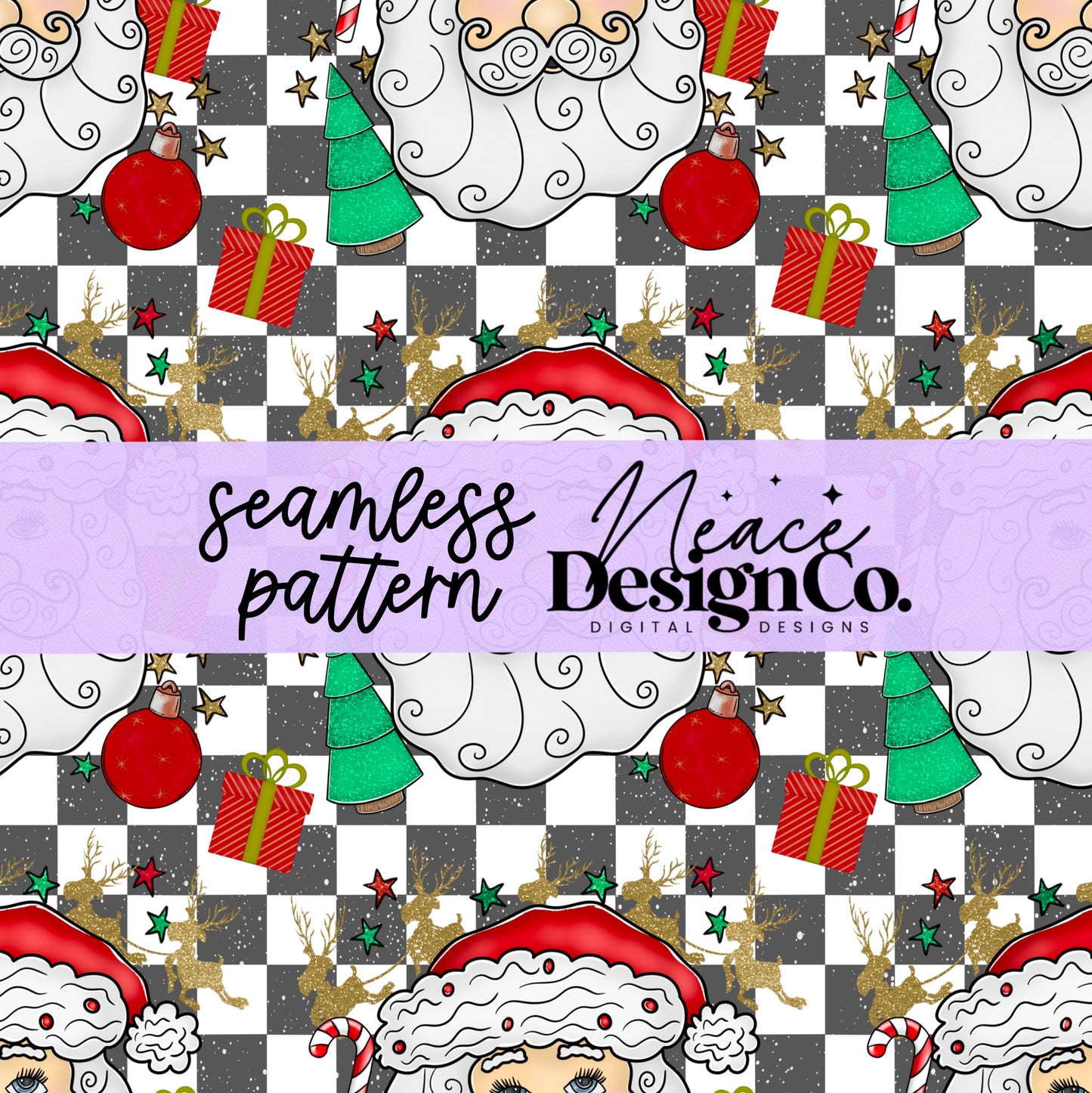 Tis the Season Red Checkered Santa Seamless Digital PNG