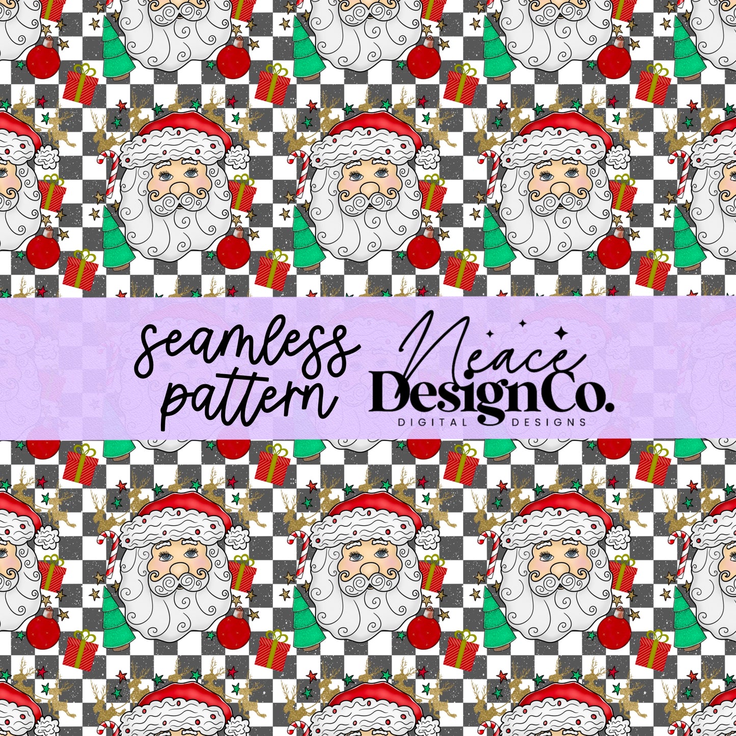 Tis the Season Red Checkered Santa Seamless Digital PNG