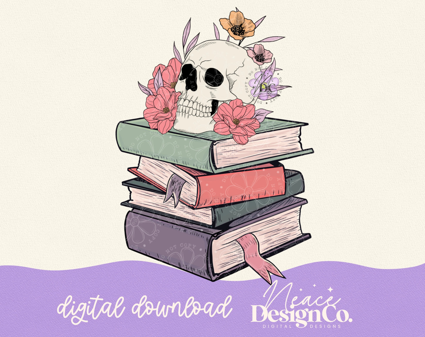 Floral Skull Bookstack Digital PNG