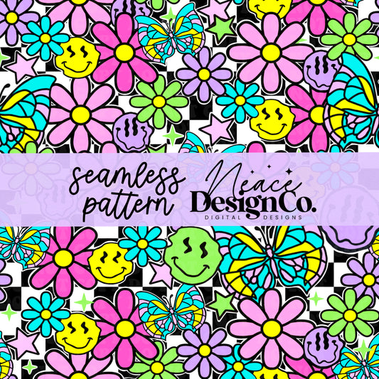 Retro Floral Checkered Seamless Digital PNG