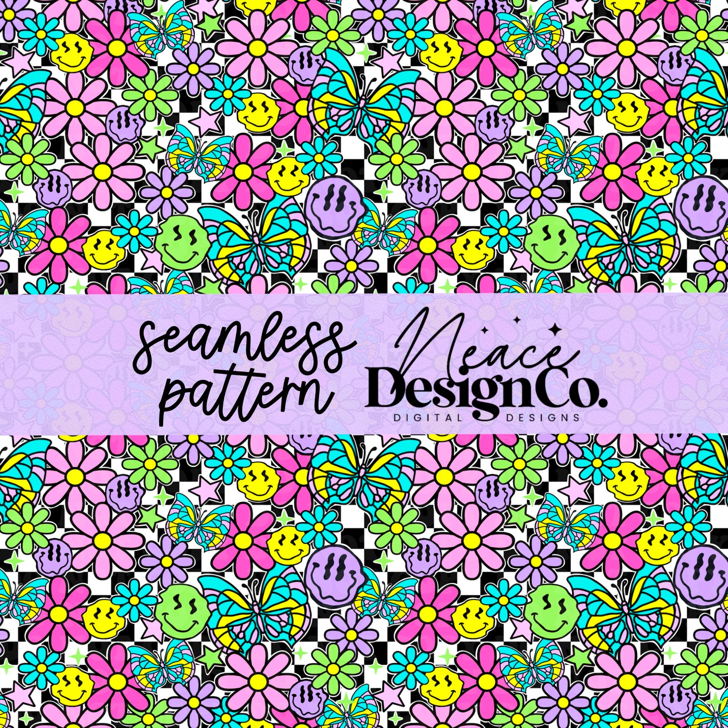 Retro Floral Checkered Seamless Digital PNG