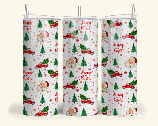 Merry and Bright Christmas Truck Tumbler Digital PNG