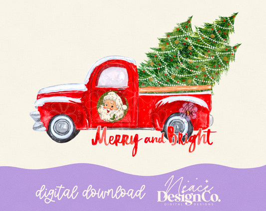 Merry and Bright Christmas Truck Digital PNG