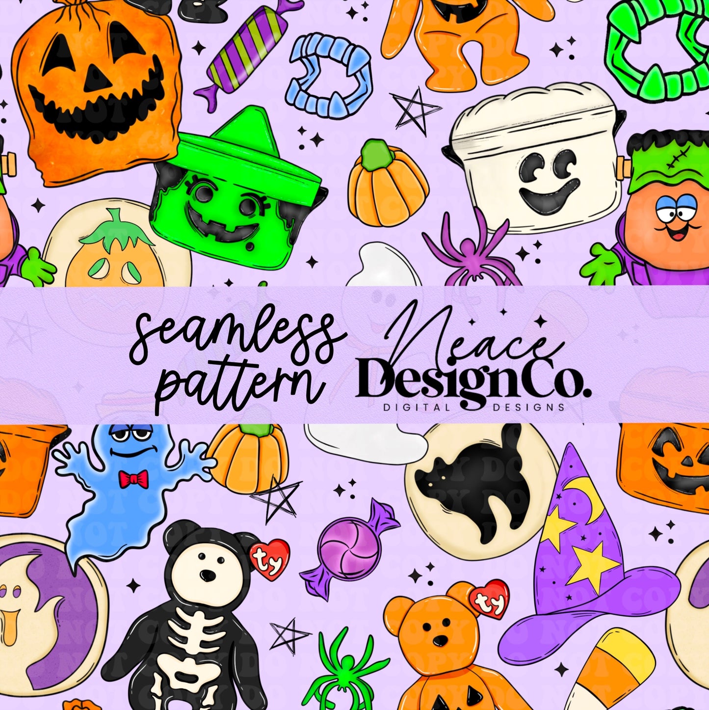 90's Halloween Collage Neutral Seamless Pattern Digital PNG