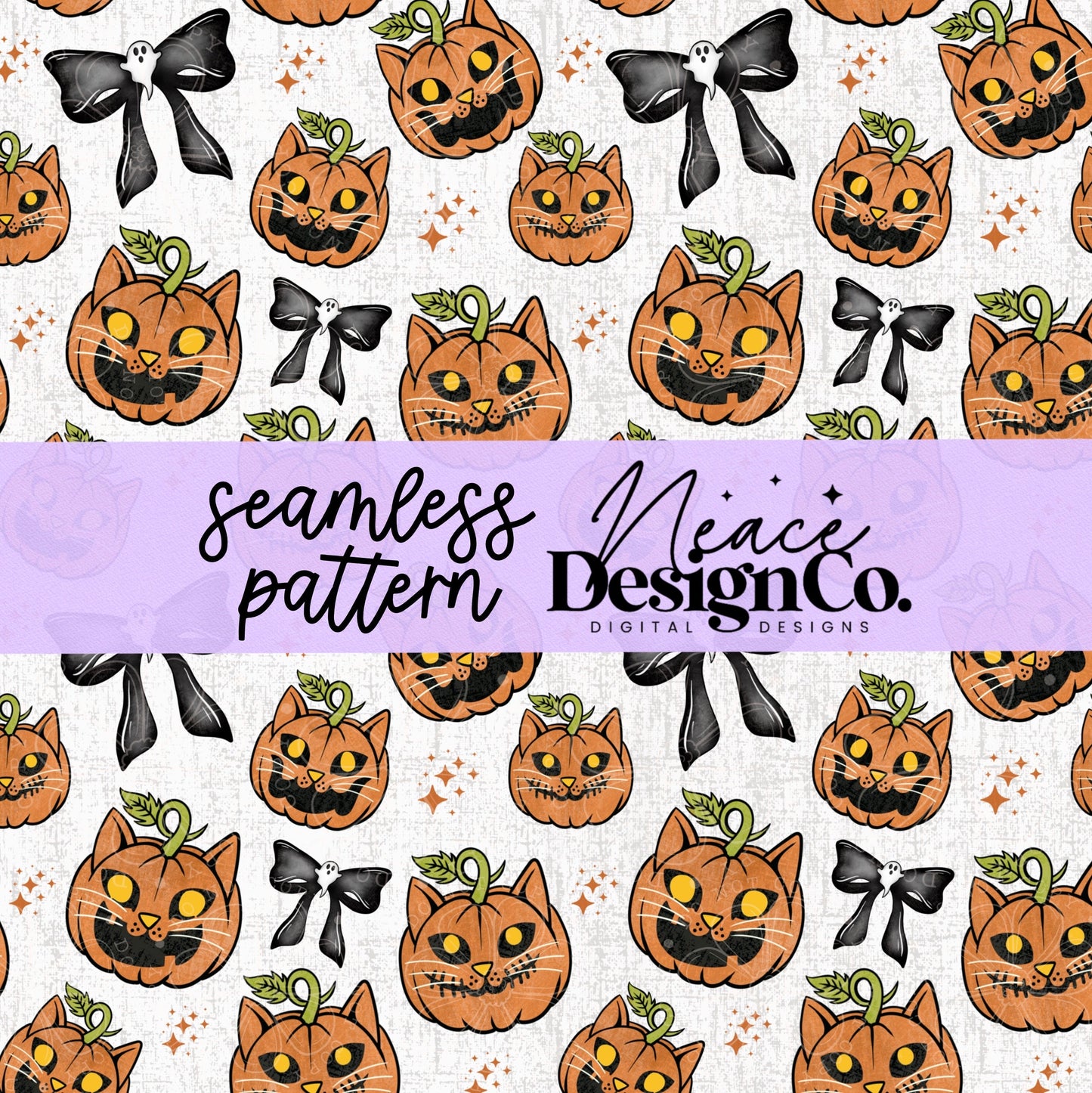 Retro Cat Pumpkins Dark Seamless Pattern Digital PNG