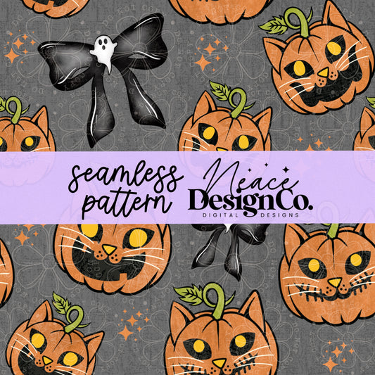 Retro Cat Pumpkins Dark Seamless 2 Scales Digital PNG