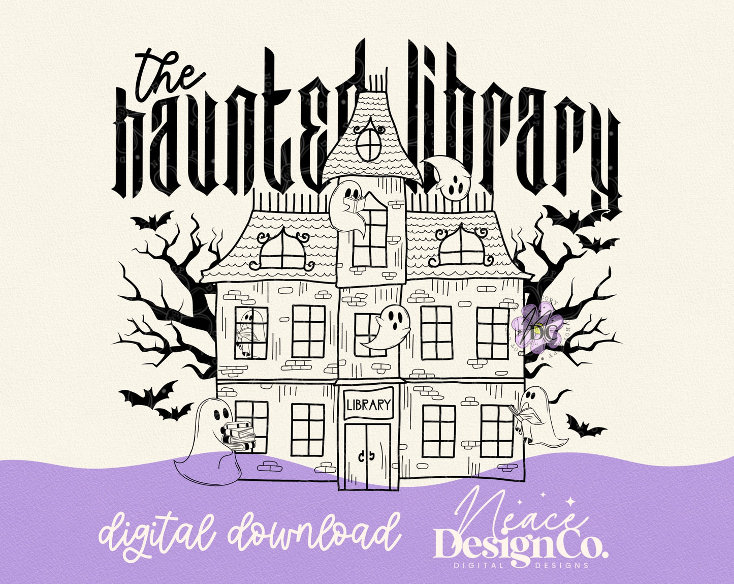 The Haunted Library Single Color Black and White Digital PNG