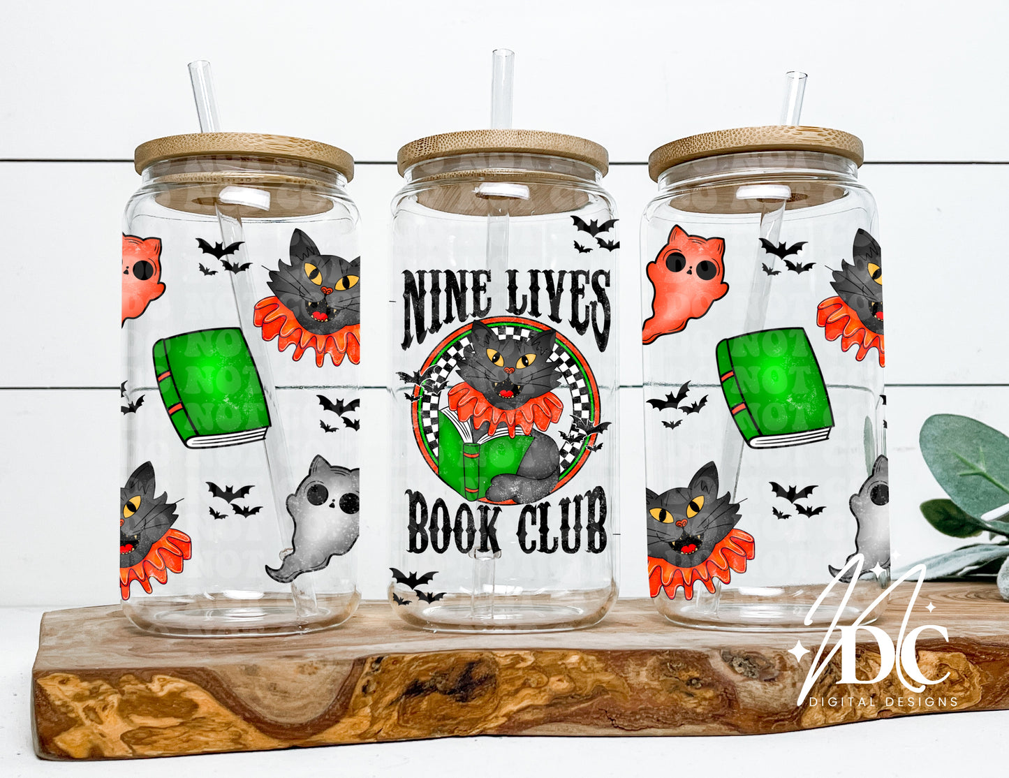 Nine Lives Book Club Orange 16 oz Glass Can Wrap Digital PNG