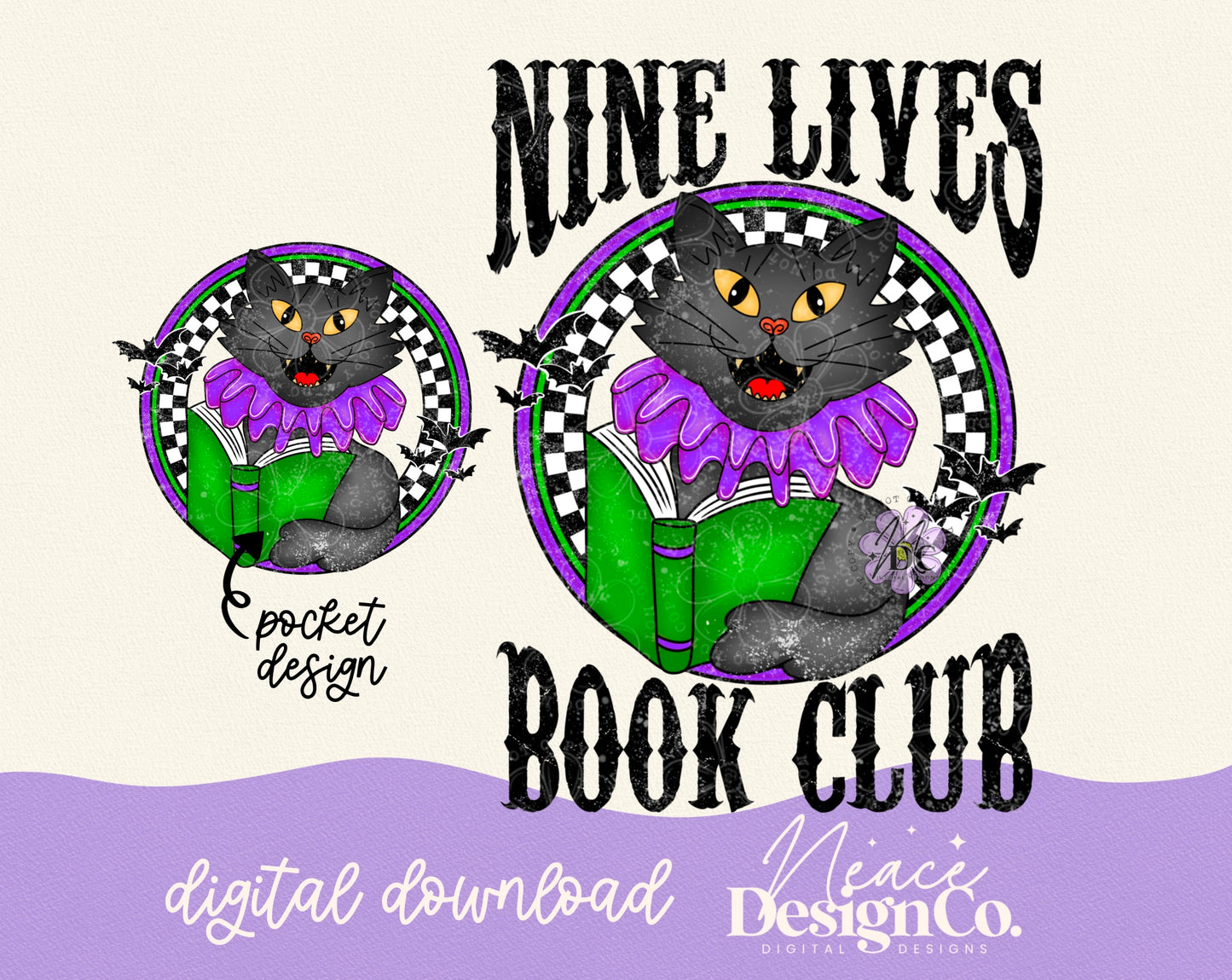 Nine Lives Book Club Purple w/Pocket Digital PNG