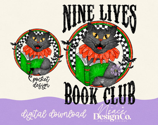 Nine Lives Book Club Orange w/Pocket Digital PNG