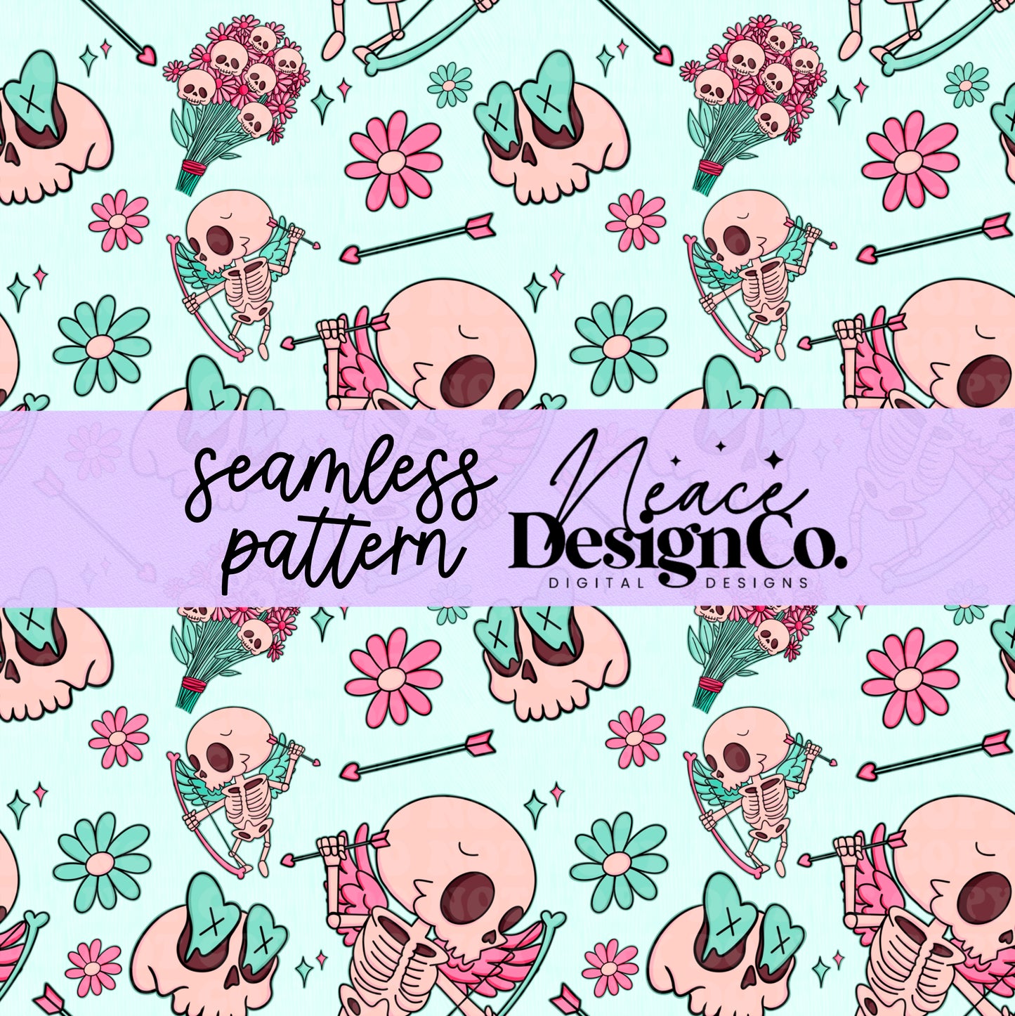 Teal Cupid Skeleton Seamless 2 Scales Digital PNG