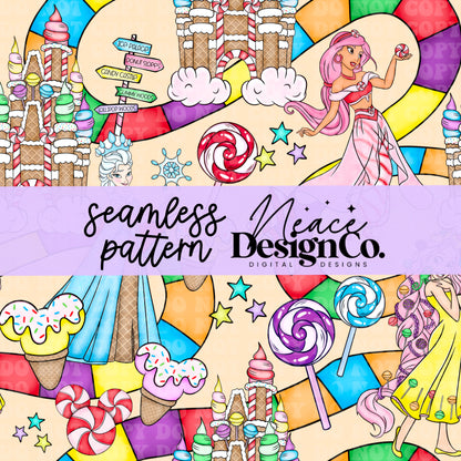 Candy Land Princesses Seamless Patterns Digital PNG