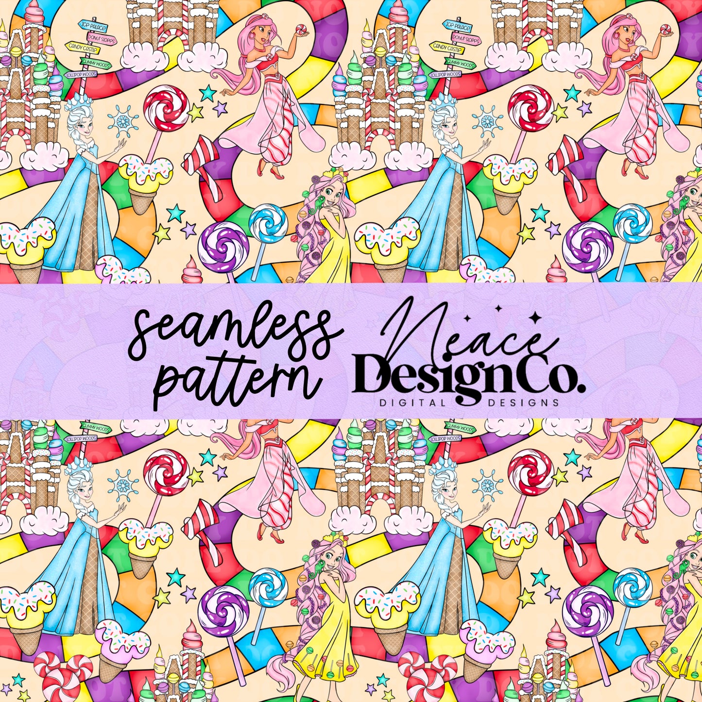 Candy Land Princesses Seamless Patterns Digital PNG