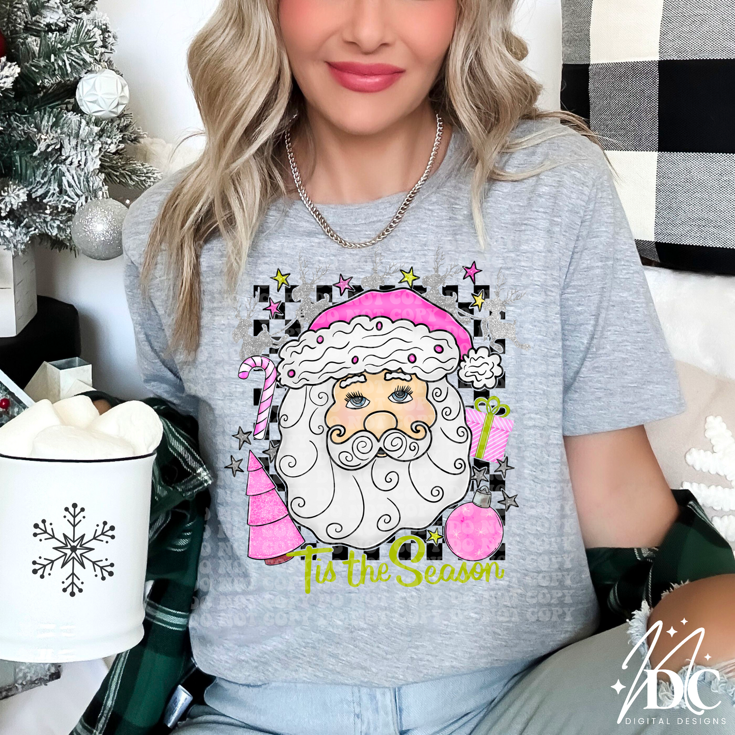 Tis the Season Pink Checkered Santa Digital PNG