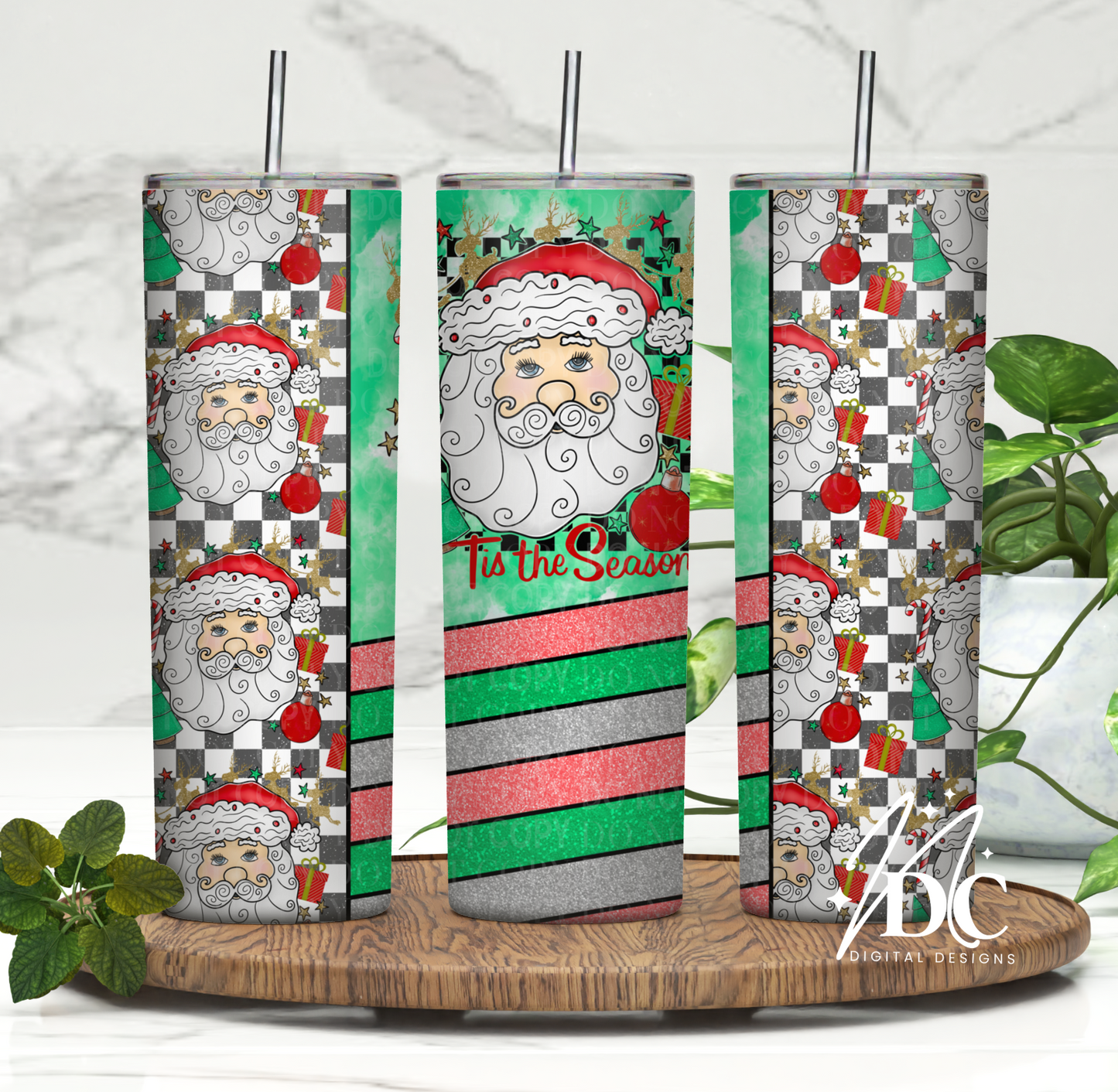 Tis the Season Red Santa Checkered Tumbler Digital PNG