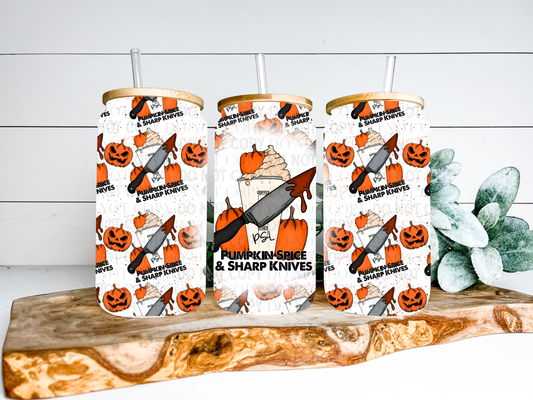 Pumpkin Spice & Sharp Knives 16oz Glass Can Digital PNG