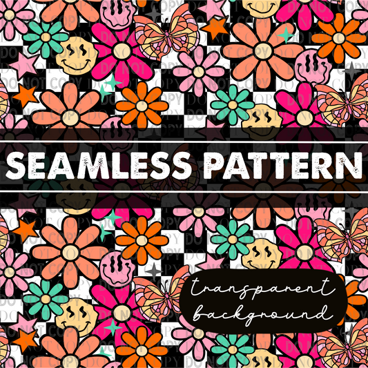 Retro Floral Checkered Seamless Digital PNG
