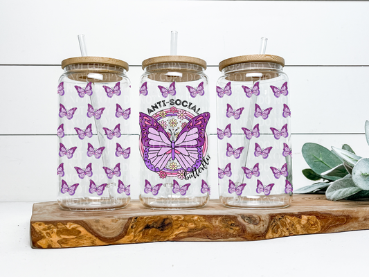 Anti-Social Butterfly Pastel 16oz Glass Can Digital PNG