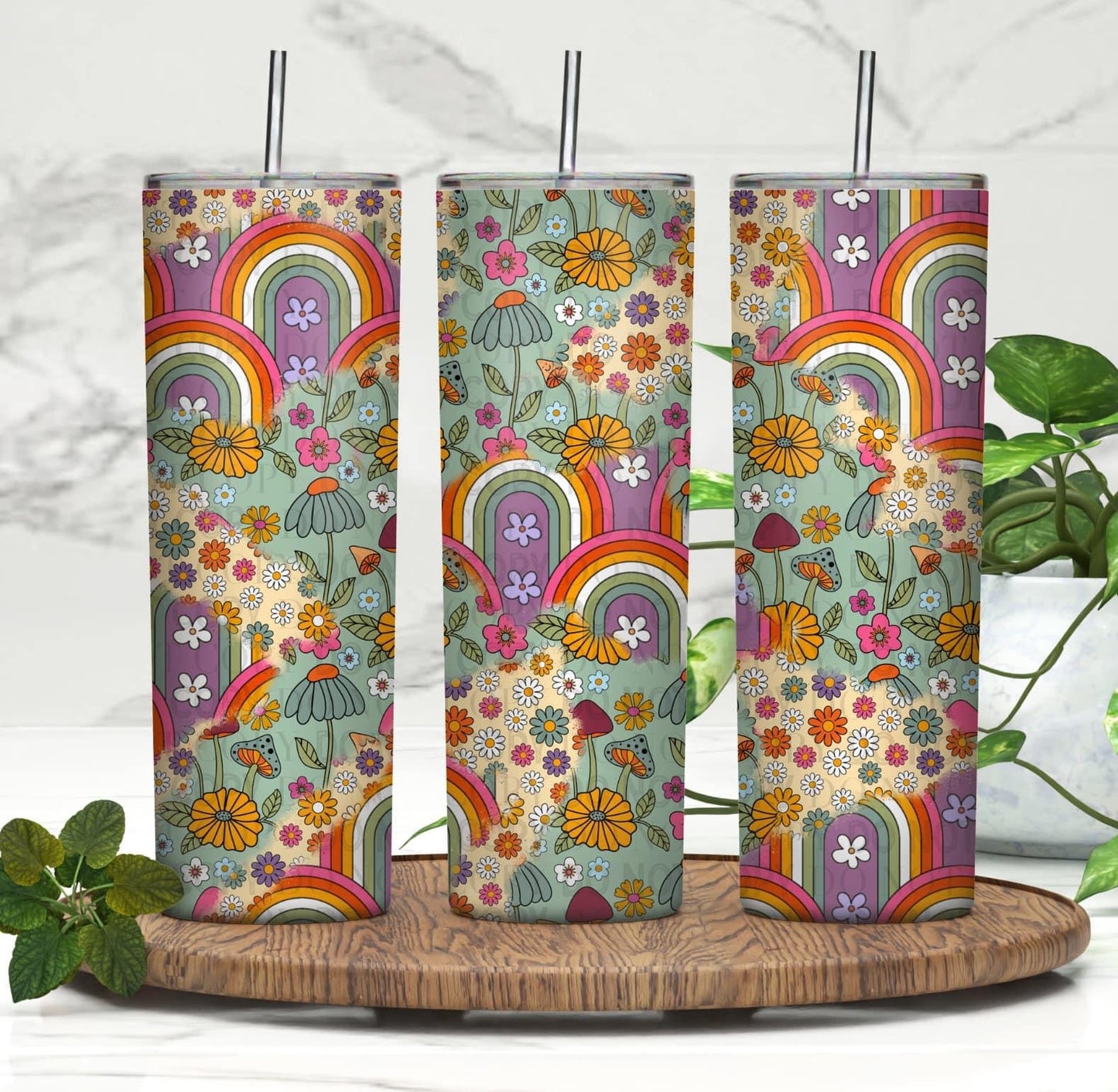 Retro Floral Rainbow Tumbler Digital PNG